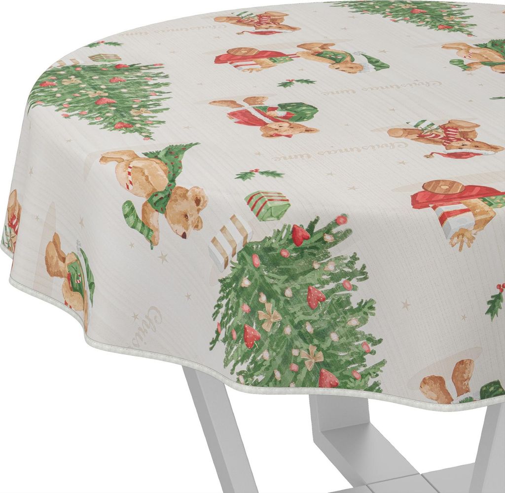 Tischdecke Aquarell Teddybär Weihnachten Beige Rund 140cm mit Band-Kante Wachstuch abwaschbar