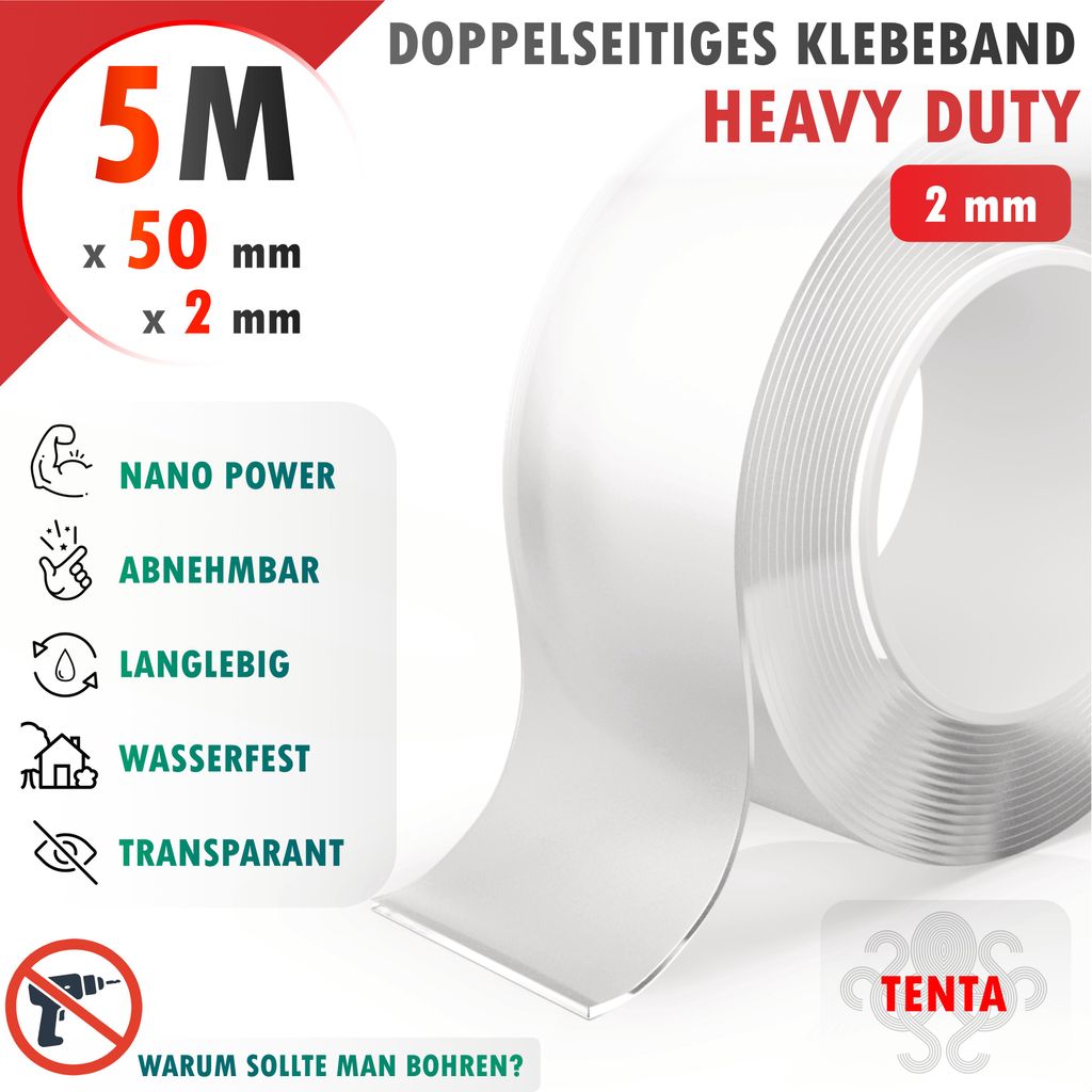 Doppelseitiges Klebeband 5m x 50mm x 2mm - TENTA Heavy Duty Produktbild 