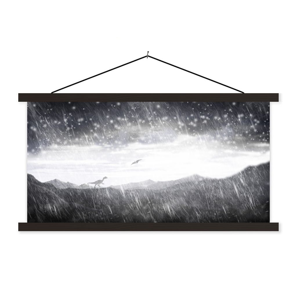 MuchoWow Textilposter Dinosaurier - Schwarz - Weiß - Regen 60x30 cm mit schwarzem Rahmen - Textilien
