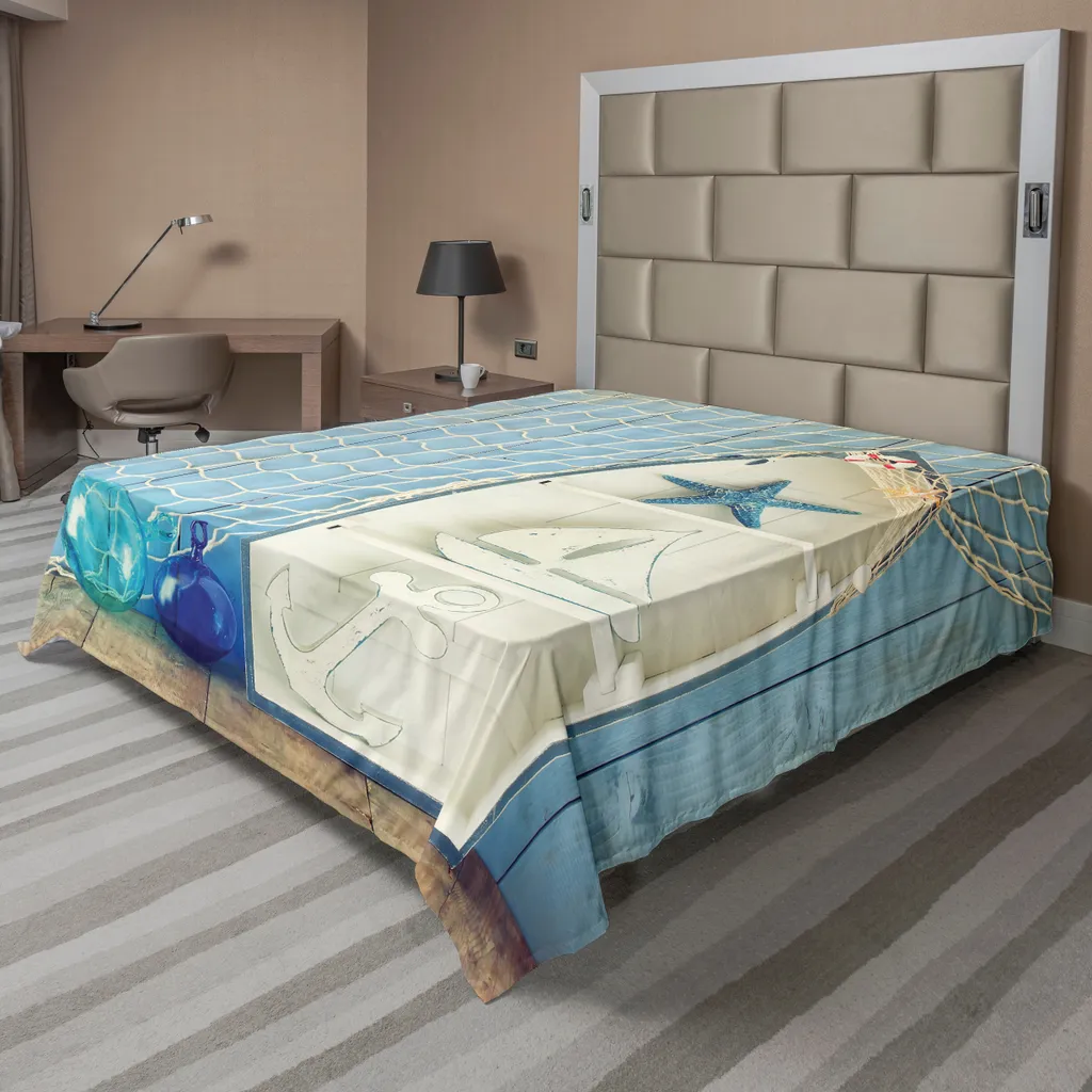 Drap de Lit Motif Marin 266x260 cm en Microfibre Douce et Durable Bleu
