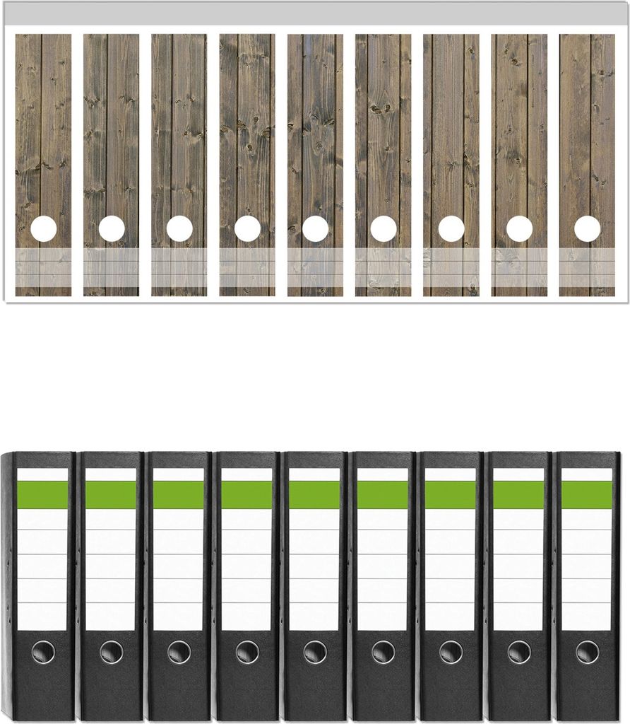 Wallario 9 Stück breite Ordner inkl. Klebeetiketten mit Motive Holzpaneelen in grau braun - Holzmuster mit Maserung - Set mit Rückenschildern / ...