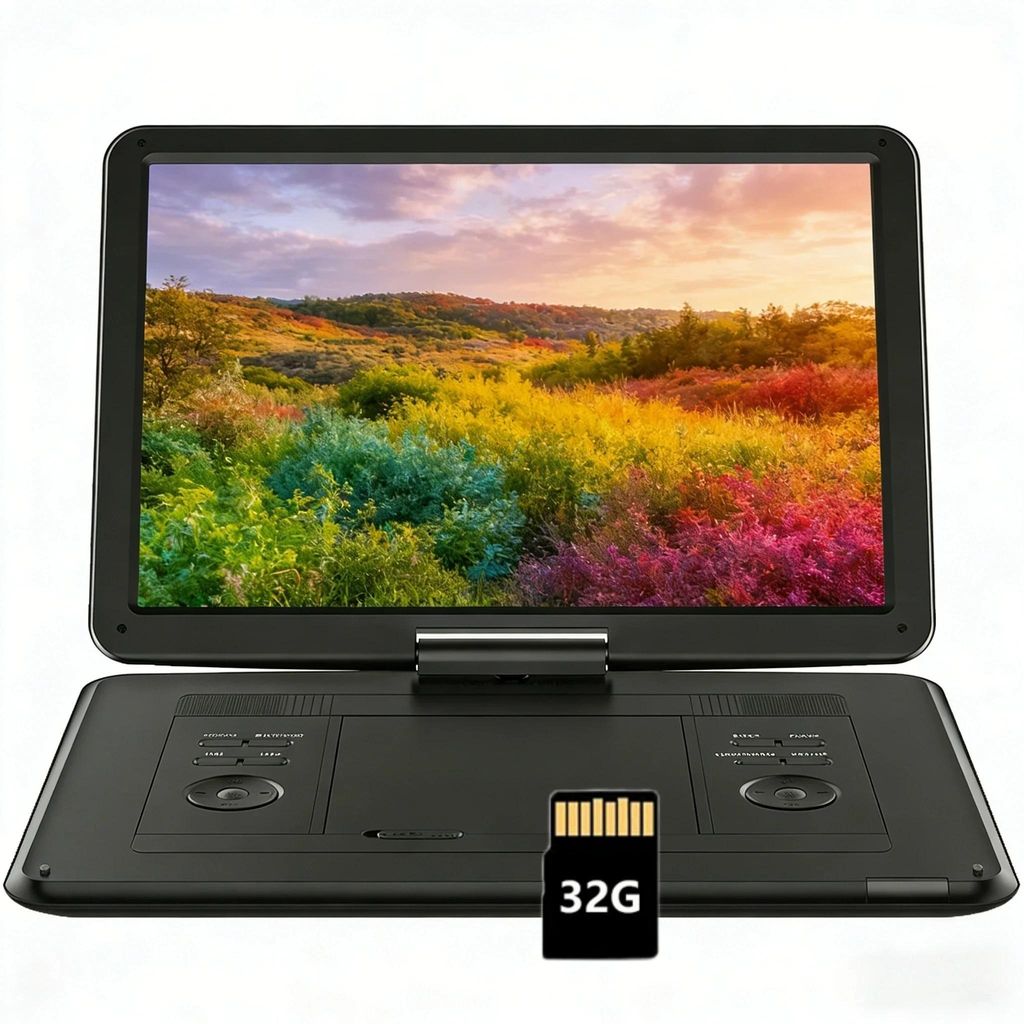 17,5-Zoll Tragbarer DVD-Player mit 15,6-Zoll HD-Drehbildschirm 6h Akkulaufzeit Dualen Stereo-Lautsprechern TF/USB TV/Beamer-Anschluss mit 32GB kaart