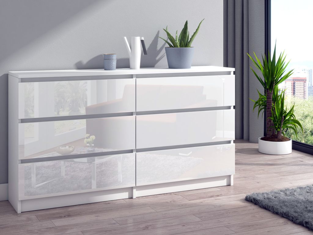 Roe Furniture Kommode, Weiß Hochglanz, 140 cm, mit 6