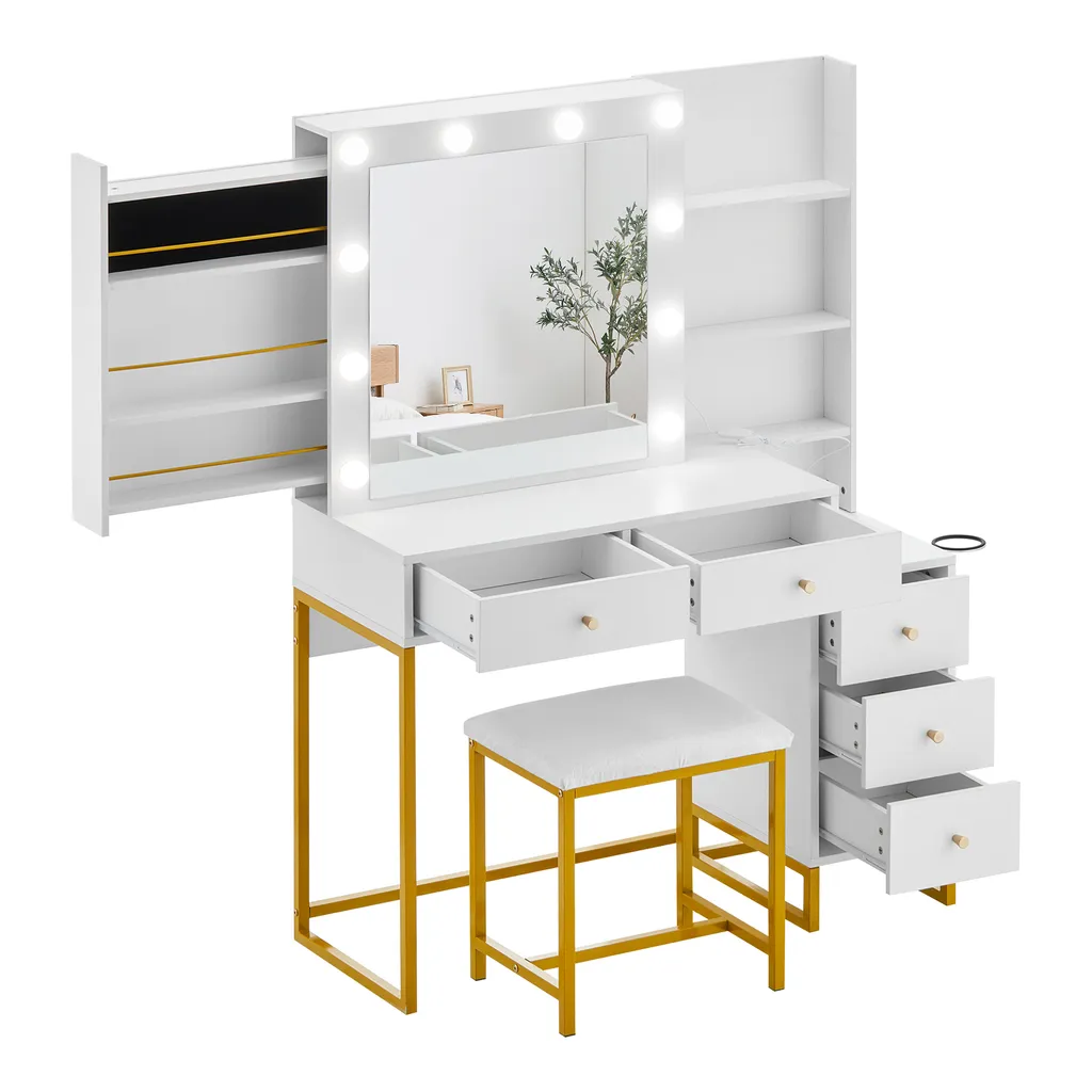 Coiffeuse CLIPOP blanche avec LED miroir et 5 tiroirs de rangement - 3