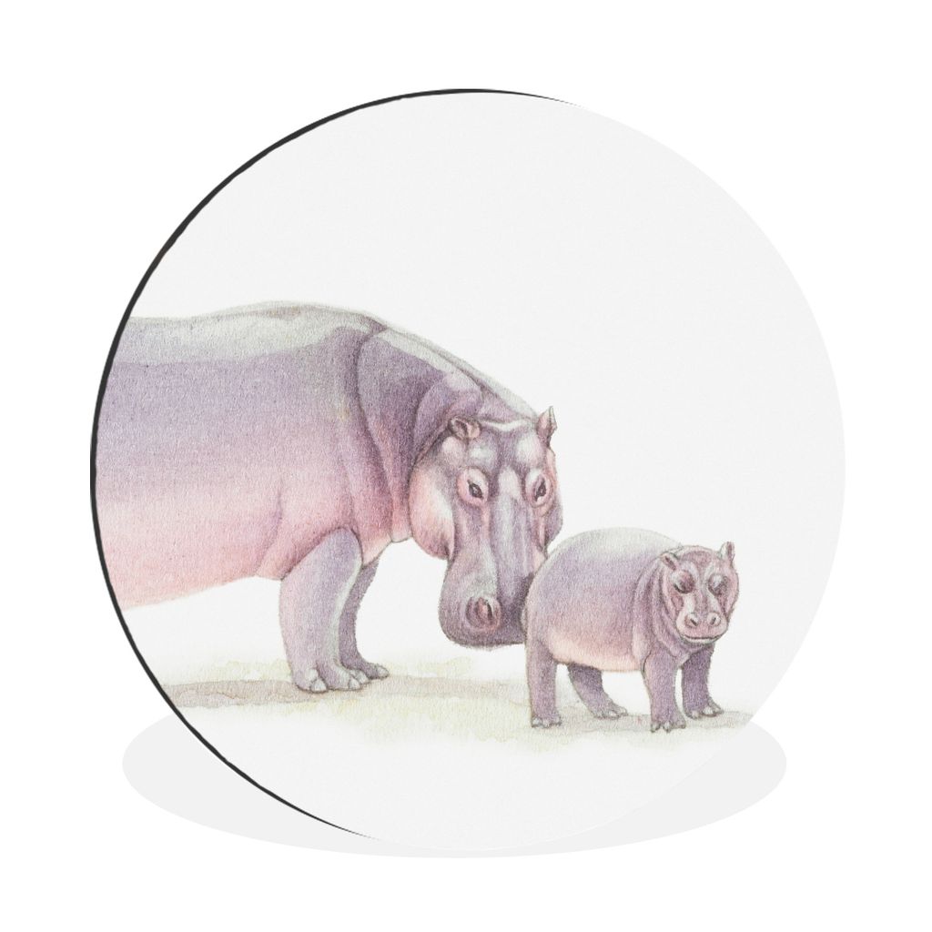 MuchoWow Aluminium Wandkreis Nilpferd - Kalb - Aquarell Ø 60 cm Wanddeko Modern Wohnzimmer - Wand Kreis - Wandbild - Schlafzimmer - Aluminium Bi...