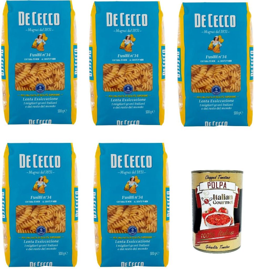De Cecco Fusilli N°34, 100% Italienisch Pasta Nudeln 5x 500g + Italian Gourmet Polpa 400g