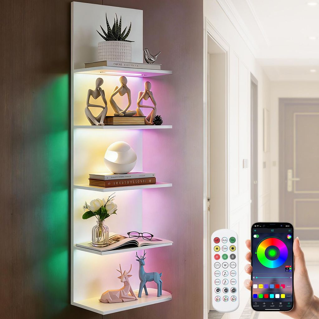 RGB+IC Wandregal Hängend 5-stufig Bücherregal Weiß mit App & Fernbedienung, 16 Mio. Farben Beleuchtung, Schweberegale für Wohnzimmer 30×18×117cm