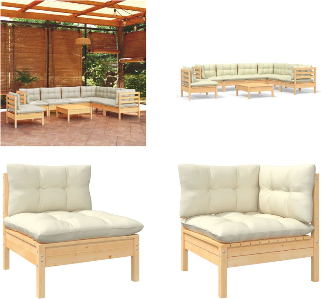 vidaXL 8 tlg. Garten Lounge Set mit Creme Kissen Massivholz Kiefer - Garten-Lounge-Set - Garten-Lounge-Sets - Gartenmöbel-Set - Gartenmöbel-Sets