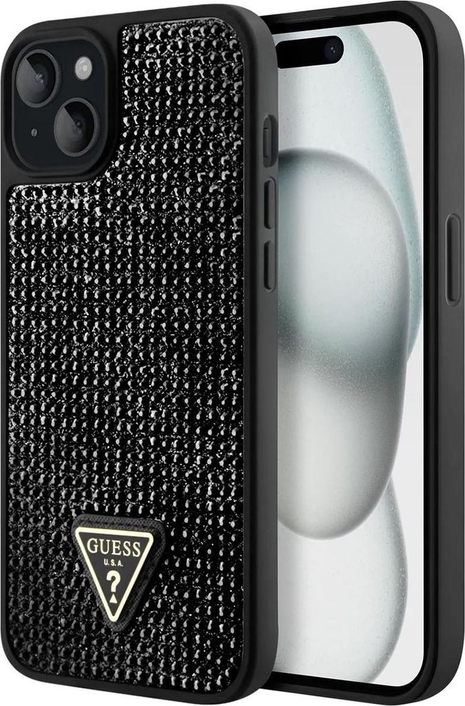 Guess Hülle Strass Dreieck Metall Logo iPhone 15 Plus Schwarz
