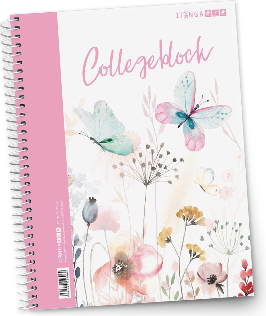 itenga Collegeblock Motiv Schmetterling A4 kariert 80 Blatt Lineatur 28