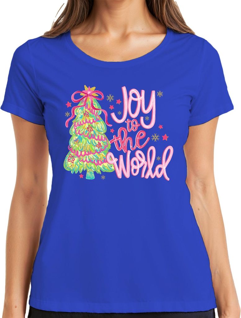 Joy to the World Weihnachtsbaum Weihnachten Geschenk Pink Glitzer Damen T-Shirt, Blau, S
