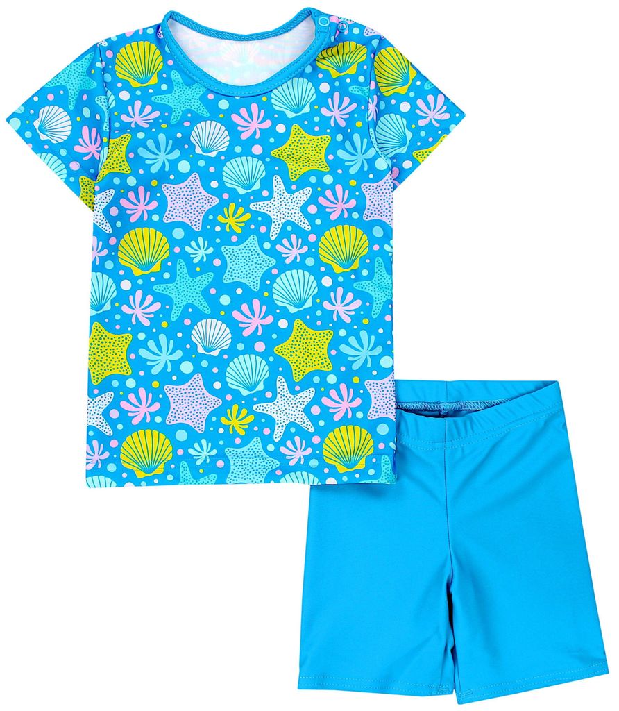 Aquarti Baby Mädchen Zweiteiler Kinder Badeanzug Bade-Set Bade T-Shirt Badehose UV-Schutz, Farbe: Muscheln Seesterne Blau Gelb , Größe: 92