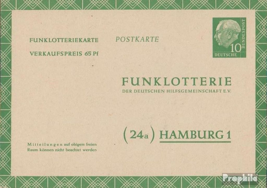 Belege Ganzsachen BRD (BR.Deutschland) 1957 FP6b Funklotterie-Postkarte un Heuss I