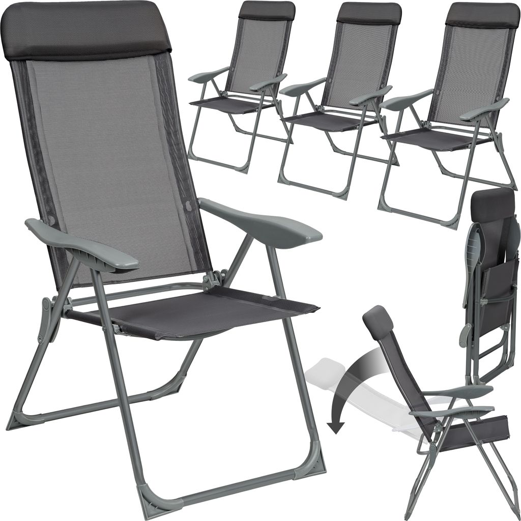 A collage of images showing multiple garden chairs, including one in the foreground and others in the background, as well as a folded chair and an illustration of how the chair reclines.