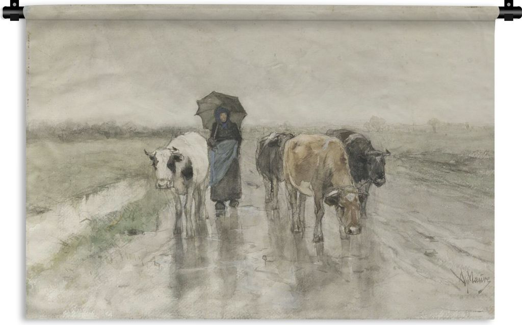 MuchoWow Wandteppich Wandbehang Eine Bäuerin mit Kühen auf einer Landstraße im Regen - Gemälde von Anton Mauve 150x100 cm Tapisserie Dekorati...