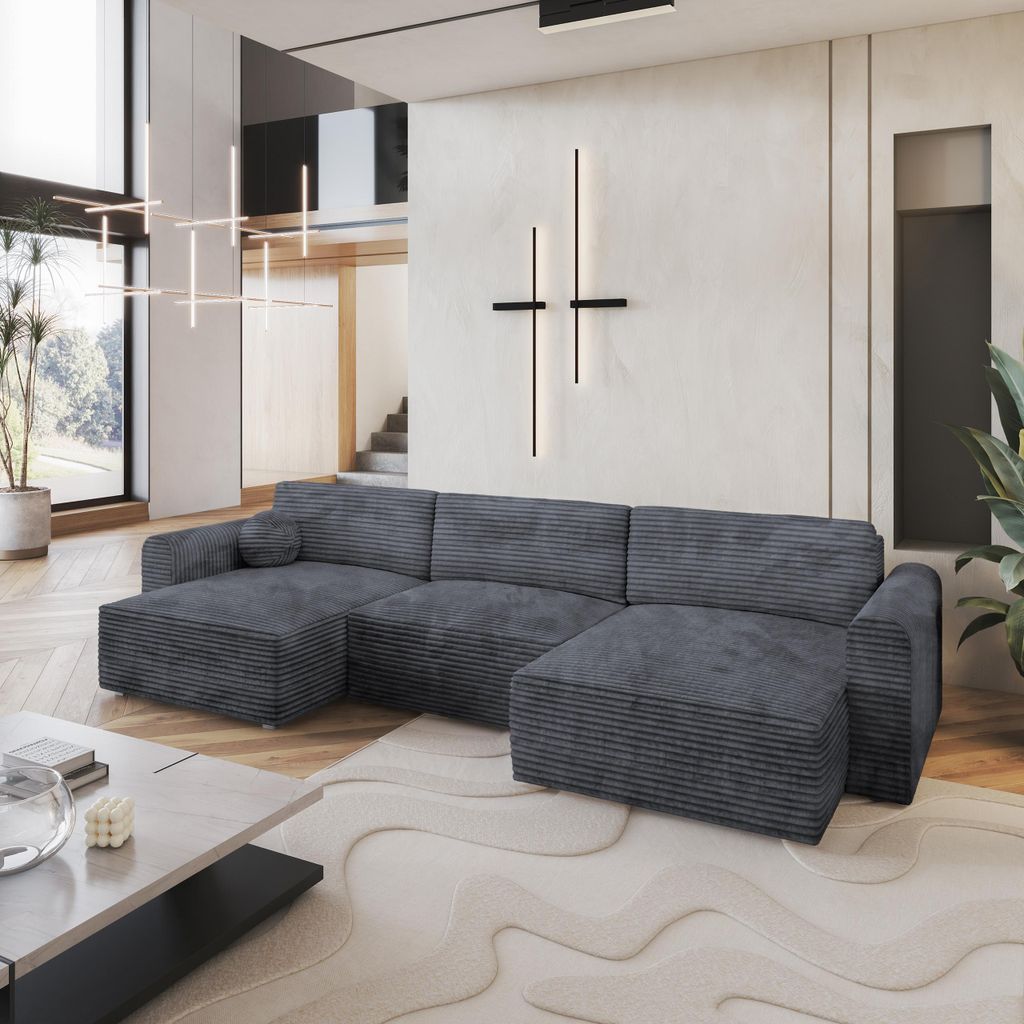 Masseno Ecksofa FENTO mit Schlaffunktion U-Form, Sofa mit Bettkasten, Wohnzimmersofa, Couch, Soffa, Bettsofa, Couchgarnitur- Grau, TILIA 90