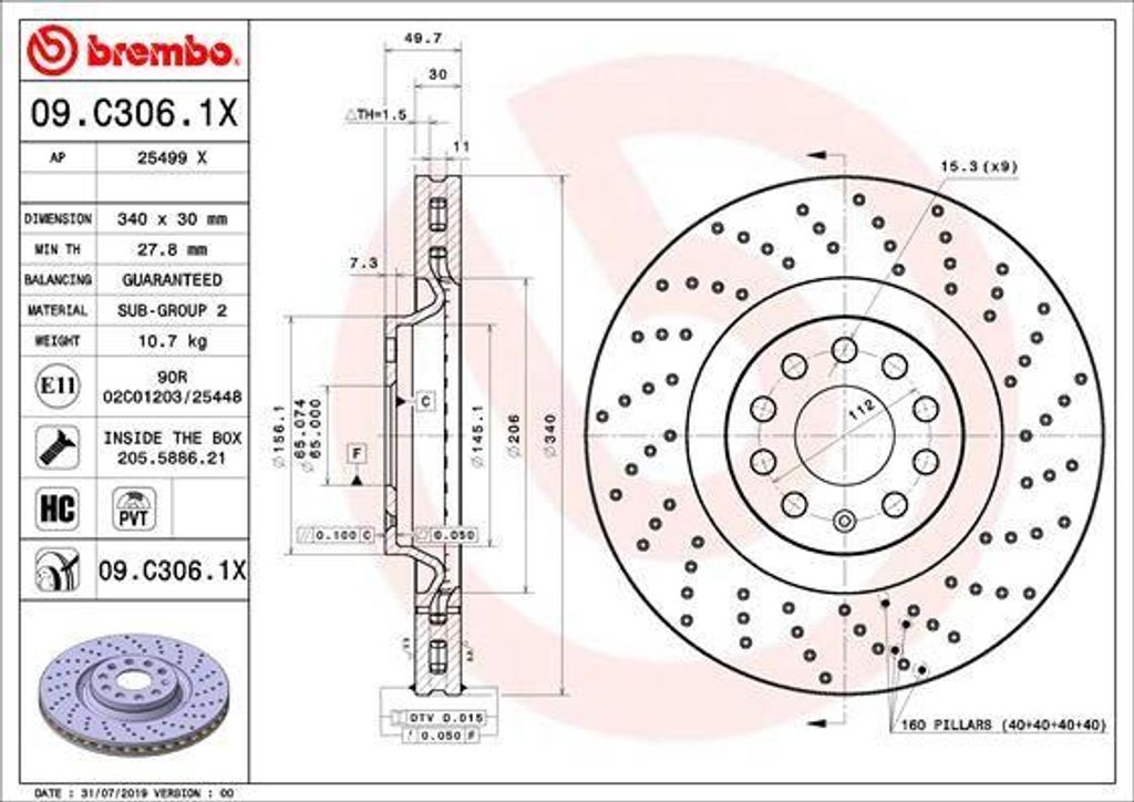 BREMBO 09.C306.1X Bremsscheibe OE 1K0615301AD kompatibel mit Passat 3BG, Passat CC, Tiguan, Passat 3B, Passat Alltrack, Golf VII, Golf Alltrack, CC...