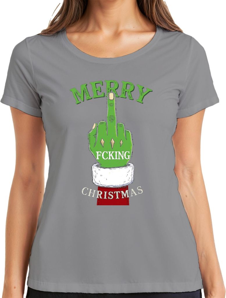 Merry Fcking Christmas Grinch Mittelfinger frech lustig böse Damen T-Shirt, Grau, S