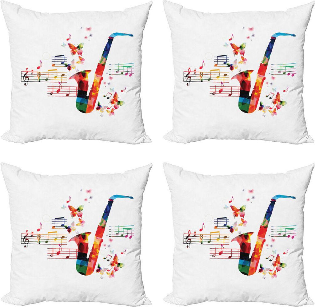 ABAKUHAUS Musik Kissenbezug Set (4 Stück), Saxophon mit Schmetterlingen, Moderner Doppelseitiger Digitaldruck, 50 cm x 50 cm, Mehrfarbig