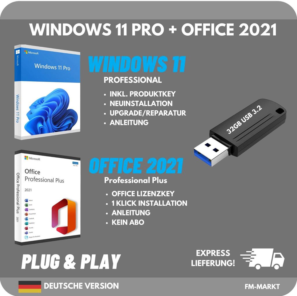 Windows 11 Professional + Microsoft Office 2021 Professional Plus | 32GB USB 3.2 Installationsstick | inkl. Lizenzschlüssel | Bundle Set