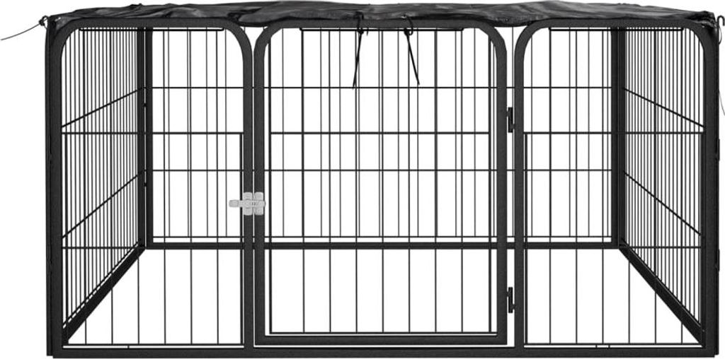 A black metal dog kennel with a black cover on top, shown from the front.