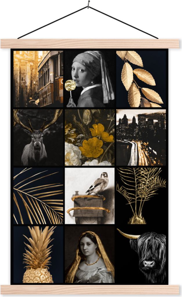 MuchoWow Textilposter Collage - Gold - Kunst - Blumen 40x60 cm mit holzfarbenen Rahmen - Poster