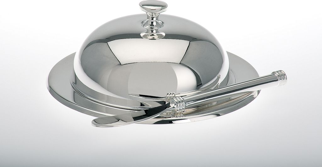 Butterdose mit Glaseinsatz & Buttermesser versilbert H 4,5cm D 12,0cm