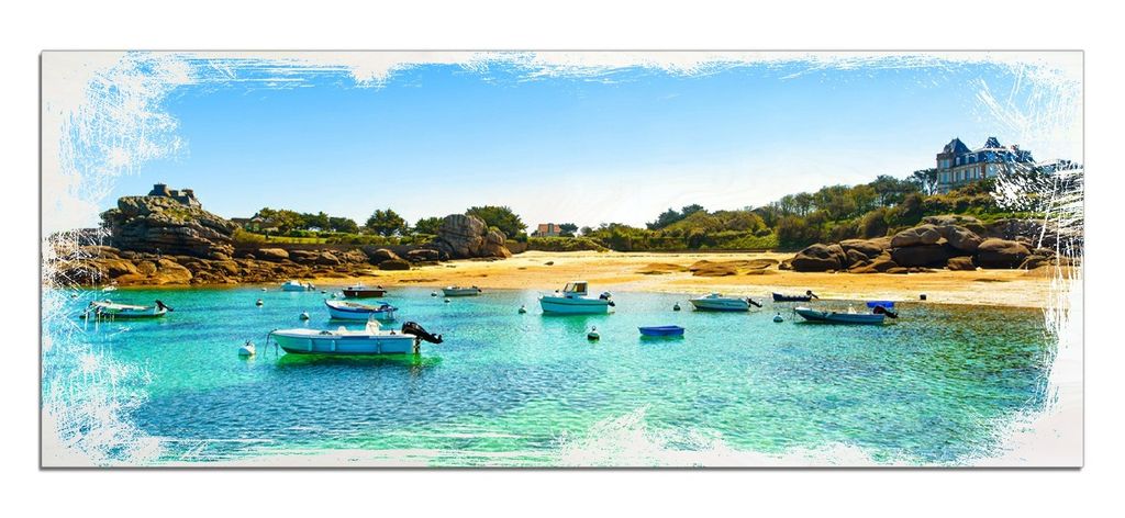 Wallario Kunstdrucke Wandbilder Holz in : Brillante Farben, Größe 50 x 125 cm Motiv Französische Bucht mit klarem Wasser und Booten