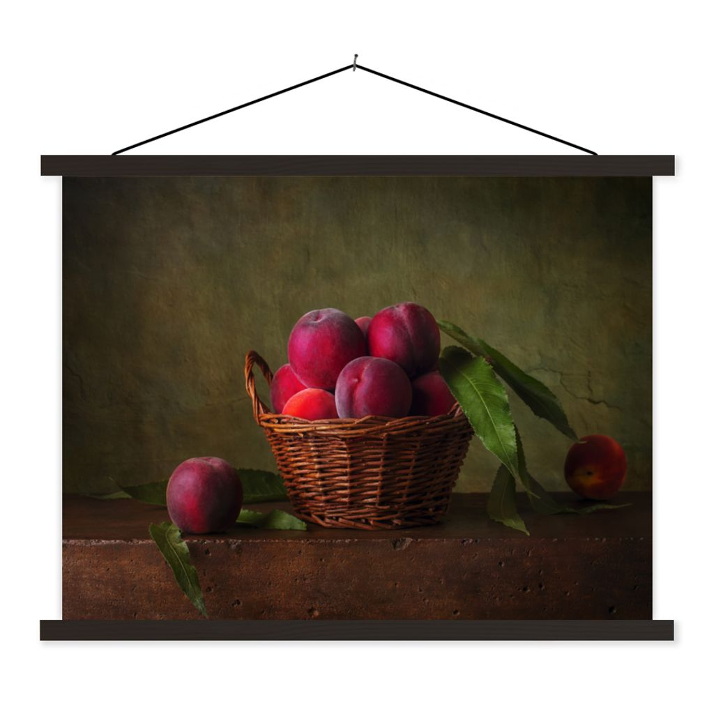 MuchoWow Textilposter Korb - Pflaume - Rosa - Rustikal - Obst - Stilleben 40x30 cm mit schwarzem Rahmen - Dekorationen