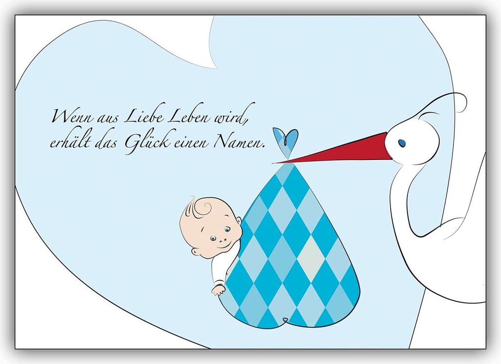 Schöne Babykarte (Junge) mit Storch: Wenn aus Liebe Leben wird