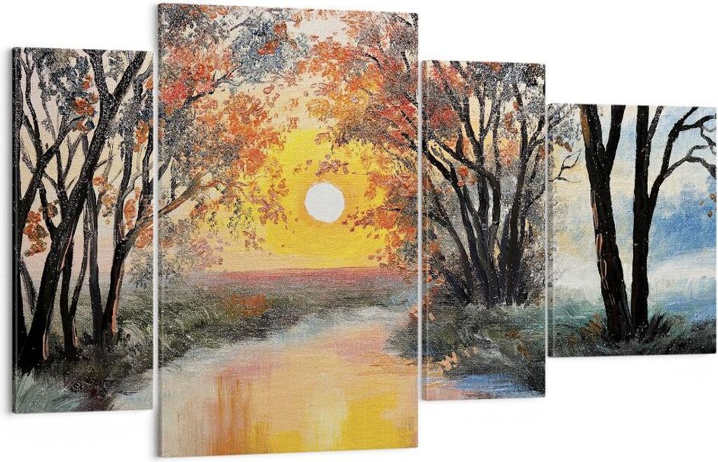 Bild auf Leinwand - Leinwandbild - 4 Teile - Fluss Sonne Bäume - 120x70cm - Wand Bild - Wanddeko - Wandbilder - Leinwanddruck - Bilder - Wanddekor...