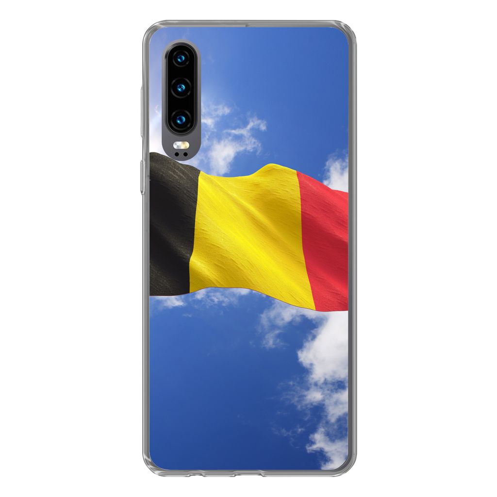 MuchoWow Handyhülle Schutzhülle Hülle für Huawei P30 Die Flagge Belgiens weht am Himmel Silikon Softcase Handy Hülle - Kartenbesitzer