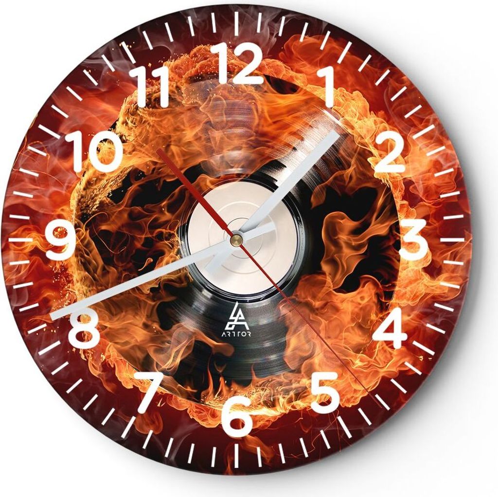 Wanduhr - Rund - Glasuhr - Vinyl Feuer Ton - 40x40cm - Schleichendes Uhrwerk - Lautlos - zum Aufhängen bereit - Dekoration Modern - Wanddekoration...