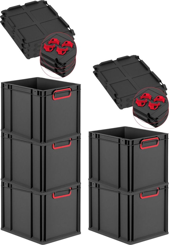 SparSet 5x Eurobox NextGen Color mit Auflagedeckel und Schiebeschnappverschlüsse | HxBxT 32x30x40cm | 30 Liter | Schwarz | Griffe rot geschlossen ...