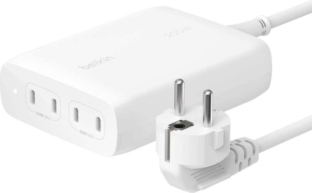 A white Belkin power adapter with two outlets and a European plug.