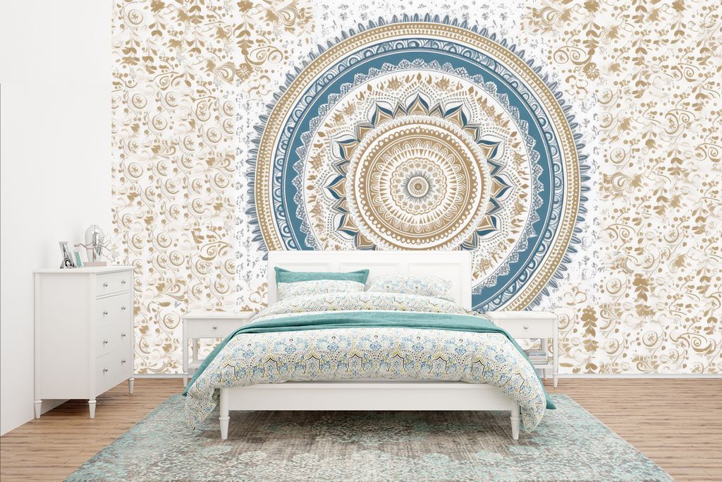 MuchoWow Fototapete für Wohnzimmer oder Schlafzimmer Wandtapete Vinyl Motivtapete Mandala - Blau - Bohème - Weiß - Design - 435x260 cm - Kinde...