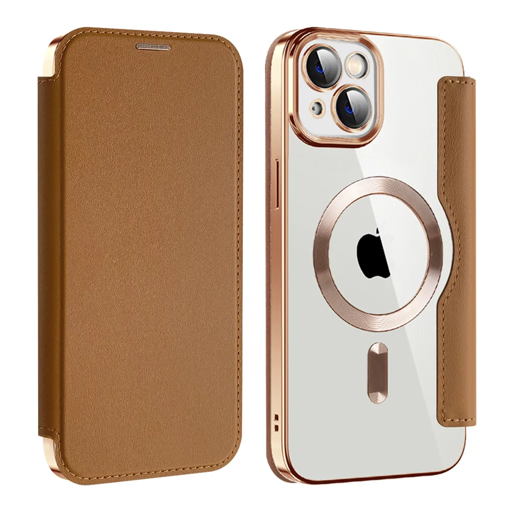 Custodia Trasparente iPhone 14 Plus MagSafe con Pelle Marrone - 2
