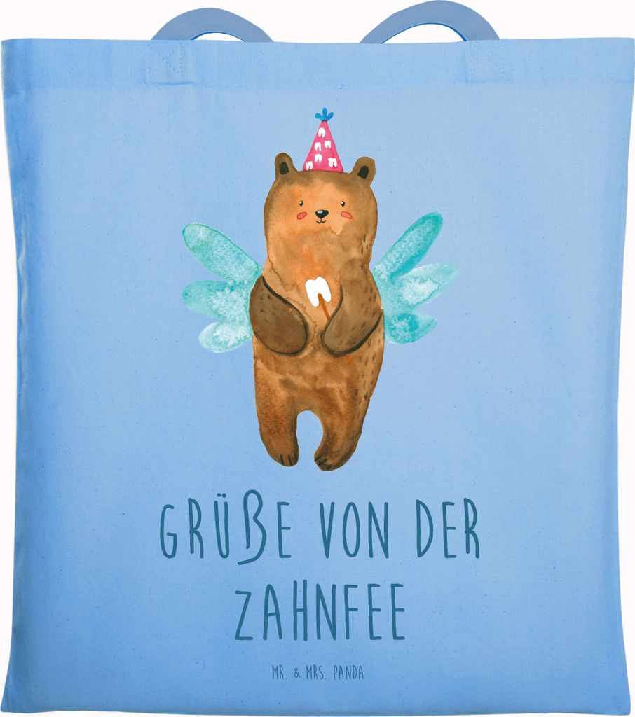 Mr. & Mrs. Panda Einkaufstasche Bär Zahnfee - Sky Blue - Geschenk, Erster Zahn, Tote Bag, dokumententasche, Tasche, Büchertasche, Fee, Jutebeutel...