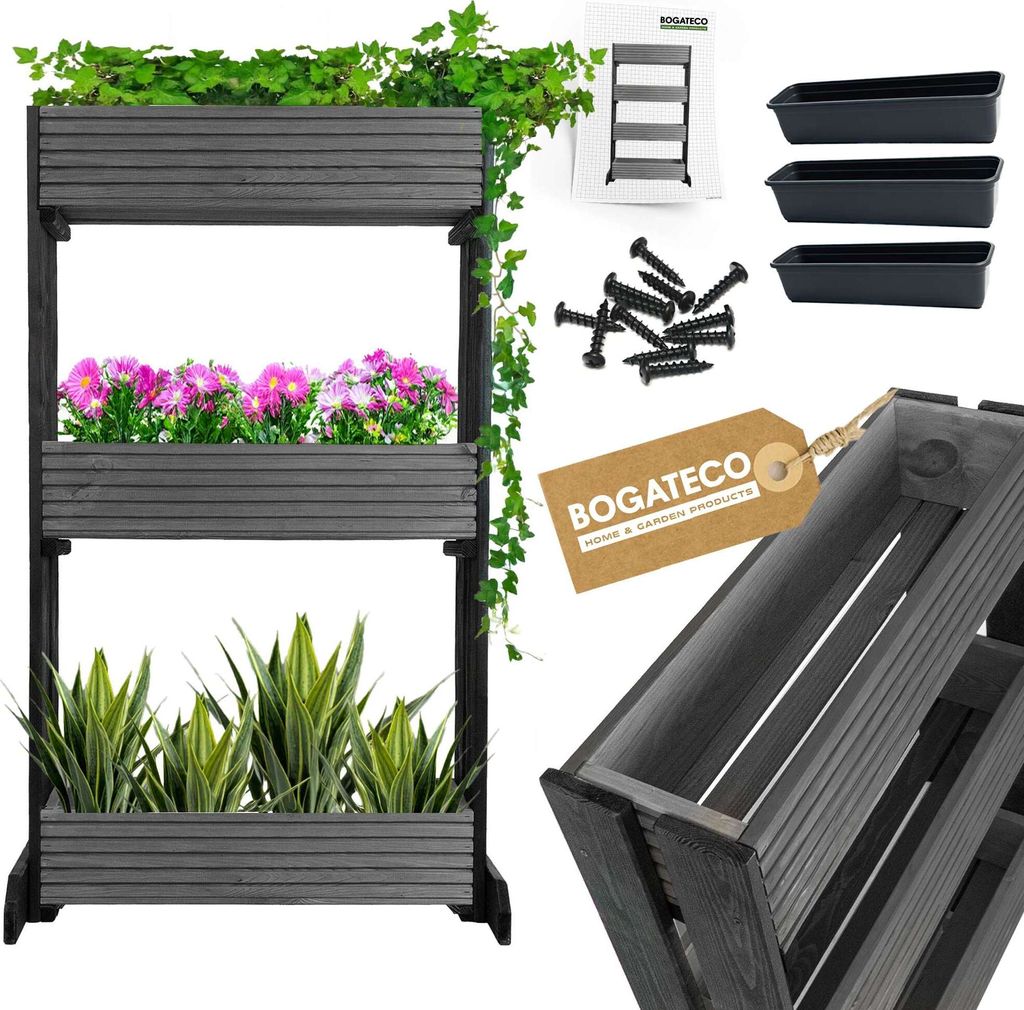 Set mit 3 Blumentöpfen auf einem Ständer | 3er Set Blumentopf Pflanzkübel 64x20cm | Holz Blumenkübel für Tomaten und Blumen, Pflanzentopf für...