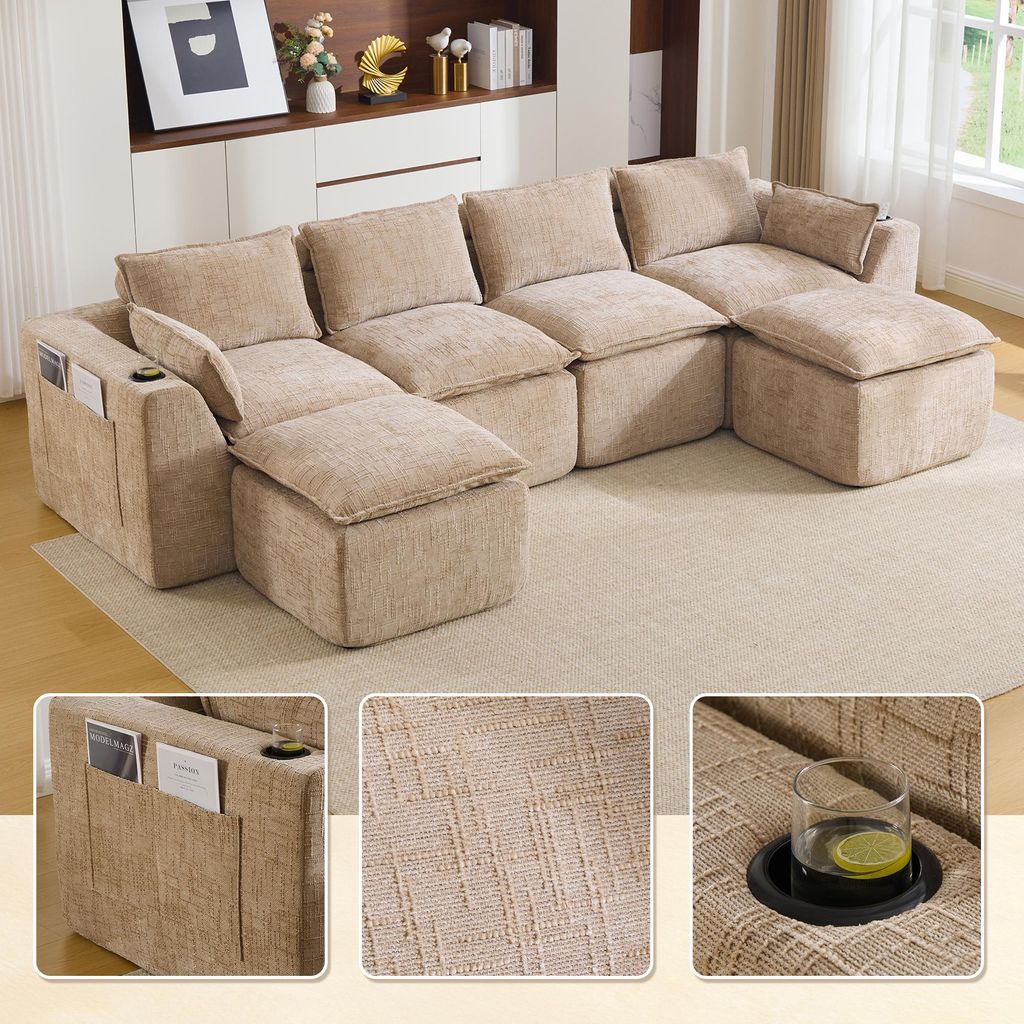 LVHOM XXL Modulsofa 4-Sitzer Chenille, U-Form Wohnlandschaft mit Getränkehalter & Seitentaschen, Bigsofa, 322cm, Khaki