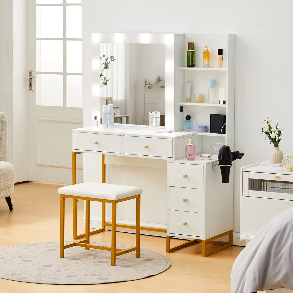 Coiffeuse CLIPOP blanche avec LED miroir et 5 tiroirs de rangement - 10
