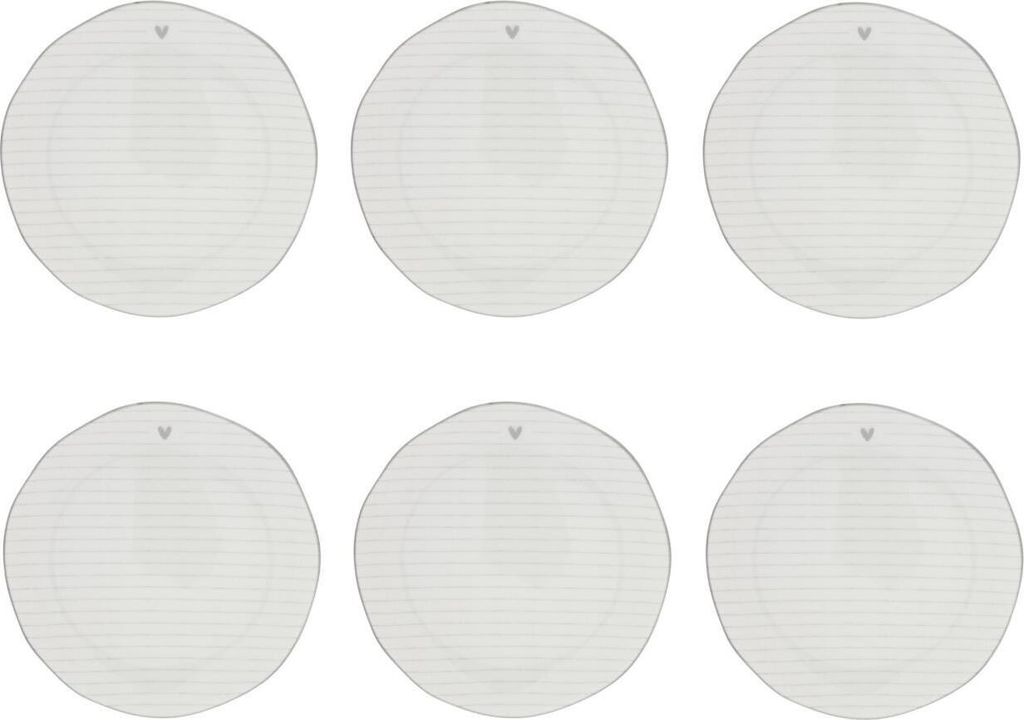 6er Set Kuchenteller HEART STRIPES mit grauen Streifen 19cm Bastion Collections