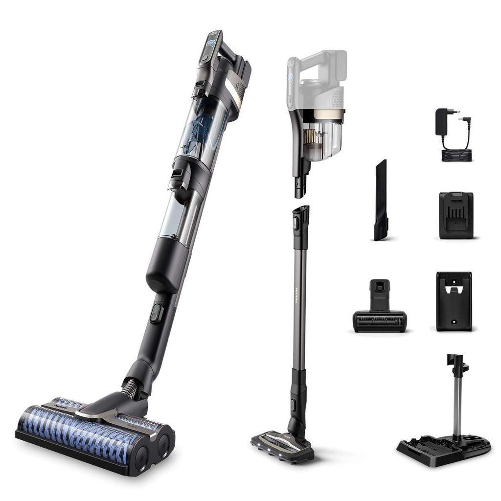 A vacuum cleaner and its various accessories are displayed against a white background. The main vacuum unit is shown assembled on the left, while the disassembled components and attachments are arranged on the right side of the image.