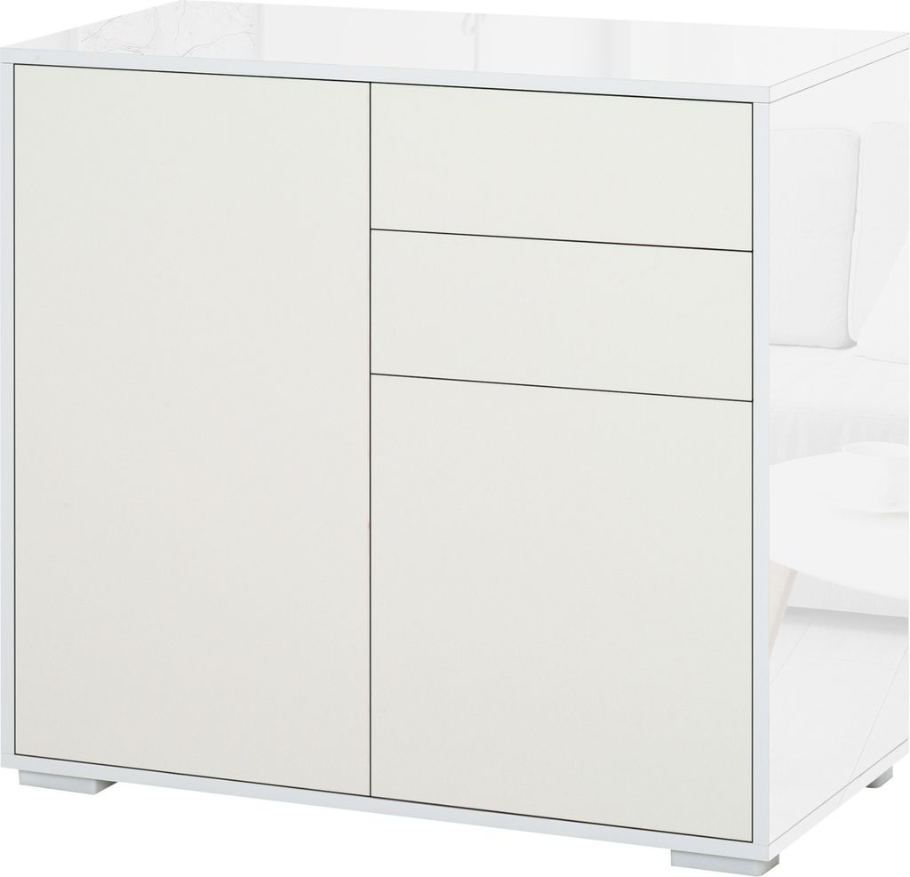 HOMCOM Sideboard für die Küche mit 2 Türen, 2 Schubladen, glänzend weißer Rahmen, verstellbares Regal, Schnappöffnung, Aufbewahrungsschrank f...