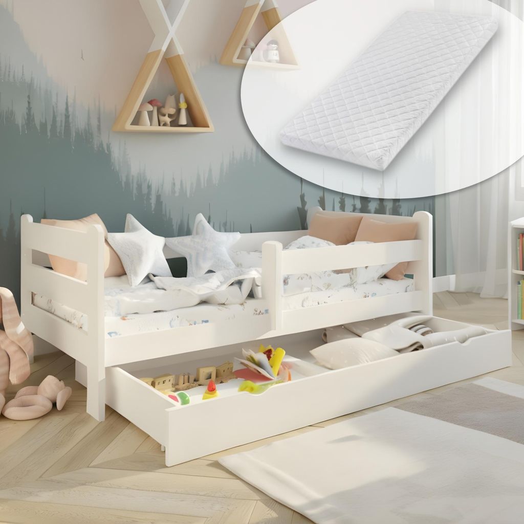 Kids Collective Kinderbett 90x200 cm Kinder Bett Jugendbett Juniorbett | Mit Rausfallschutz, Schublade & Matratze | Komplett-Set | 90×200 cm von 4...