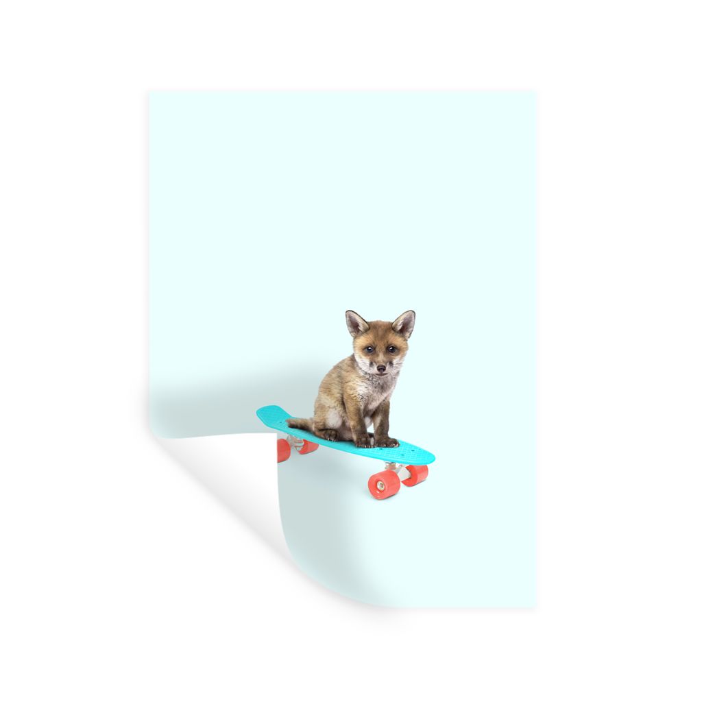 MuchoWow Wandtattoo Wandsticker Wandaufkleber Fuchs - Tiere - Skateboard - Blau 30x40 cm Selbstklebend und Repositionierbar - Sticker - Dekorfolie