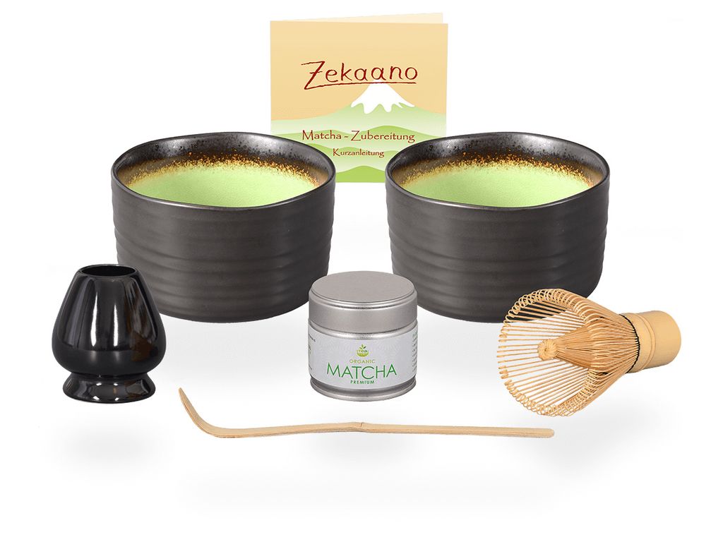 Matcha Set / Matchaset / 2x Matcha Schale 500ml anthrazit/grün, mit Besen/Löffel/Halter und Tee