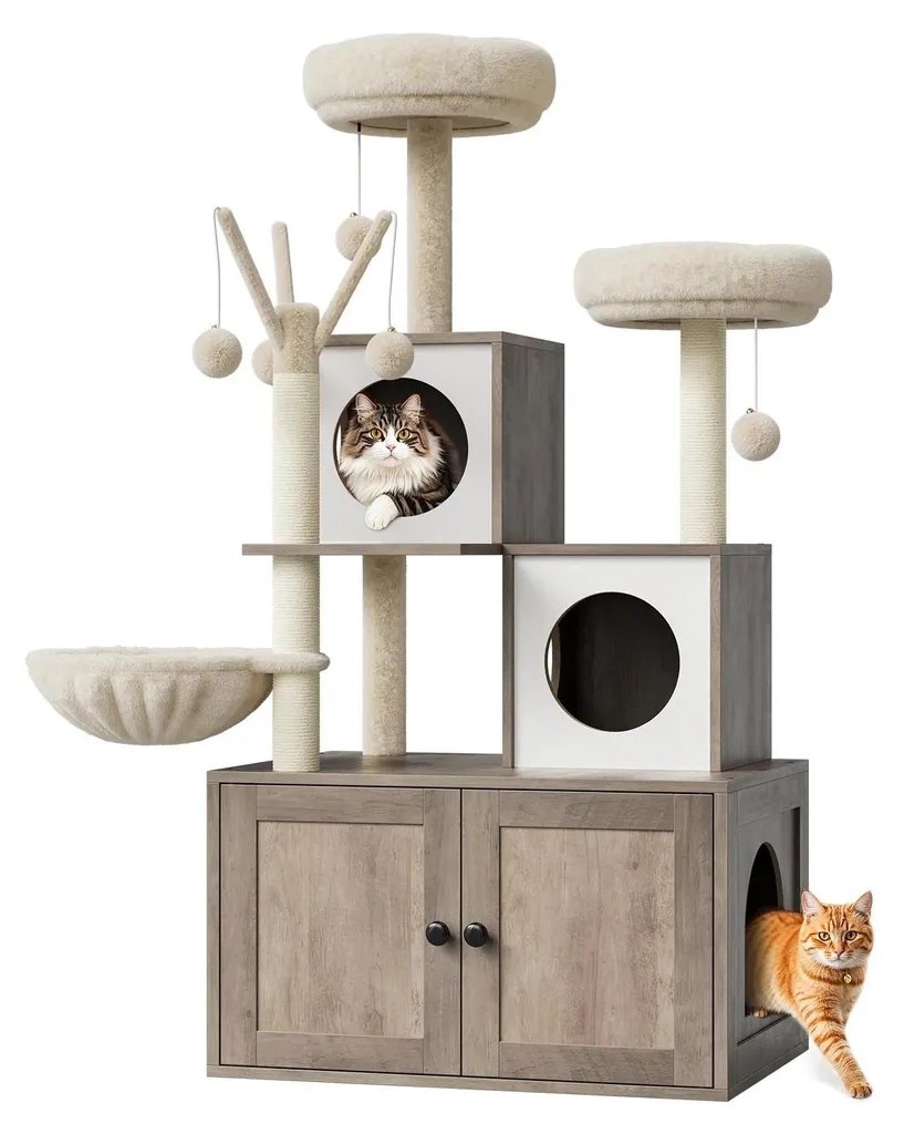 Meuble arbre à chat multi-fonctions 5 étages avec cache-bac à litière - 2