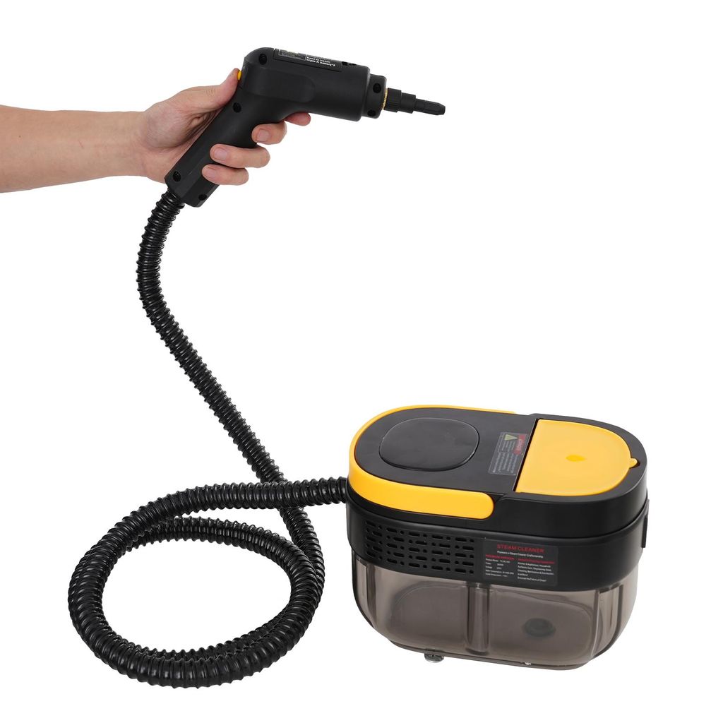 A hand holding a steam cleaner gun connected to a base unit.