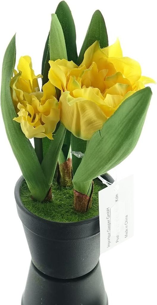 GASPER Tulpen Gelb im schwarzen Mini-Topf 19 cm hoch - Kunstpflanzen